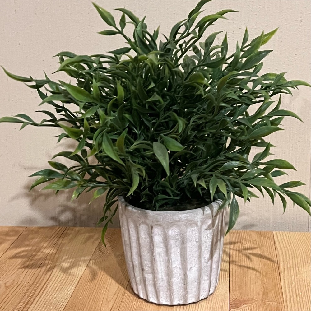 Green Faux Plant in White Textured Pot